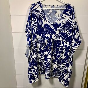 Lands End Floral‎ Tropical Top Women Sz XL 18 Blue & White Beach Resort Vacation